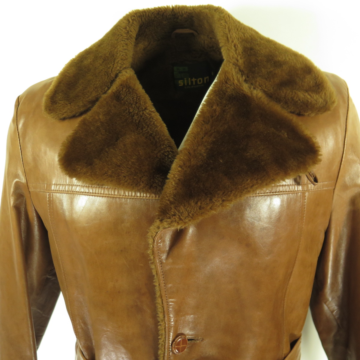 Vintage 70s Leather Coat Mens 42 Lambskin Fur Lined Collar