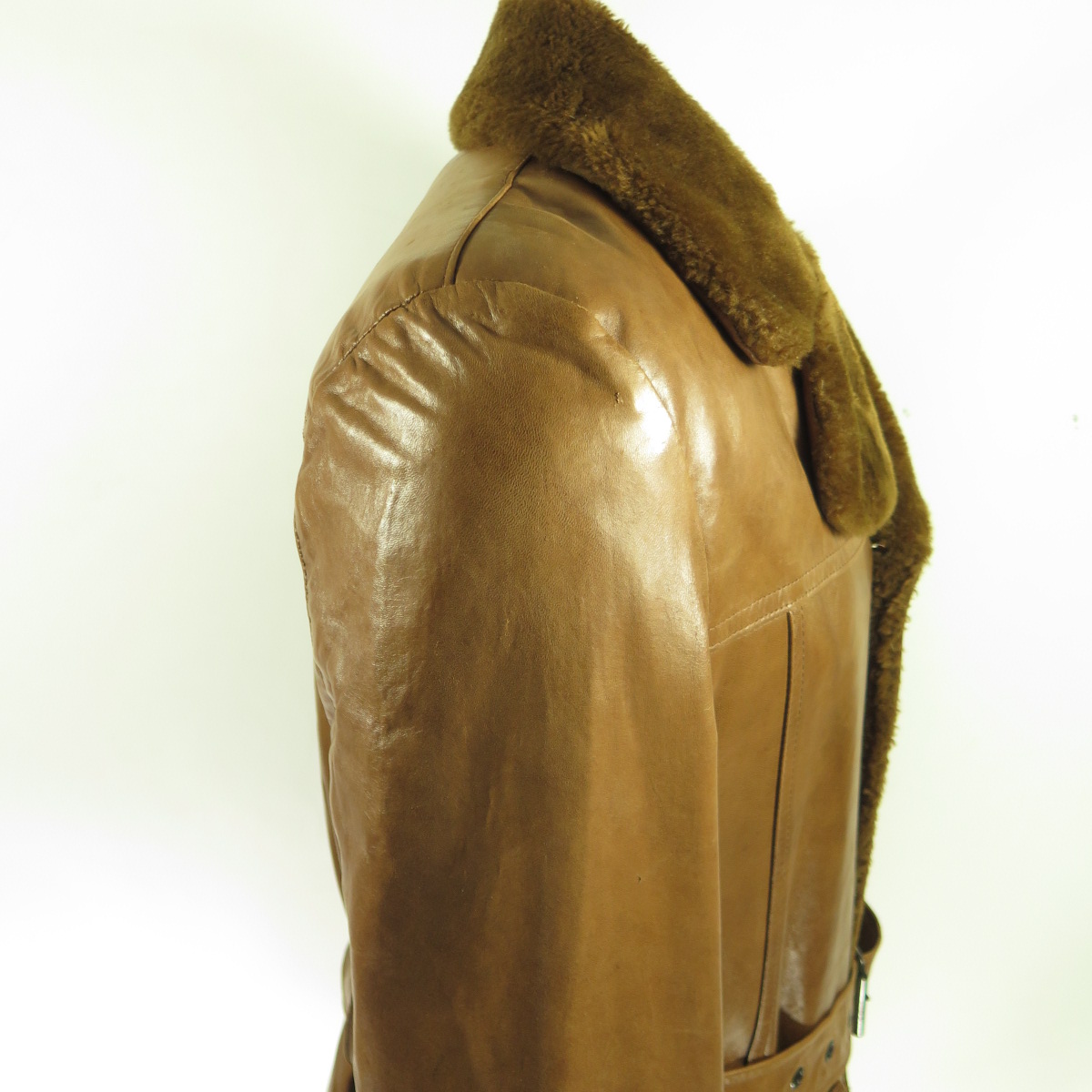 Vintage 70s Leather Coat Mens 42 Lambskin Fur Lined Collar