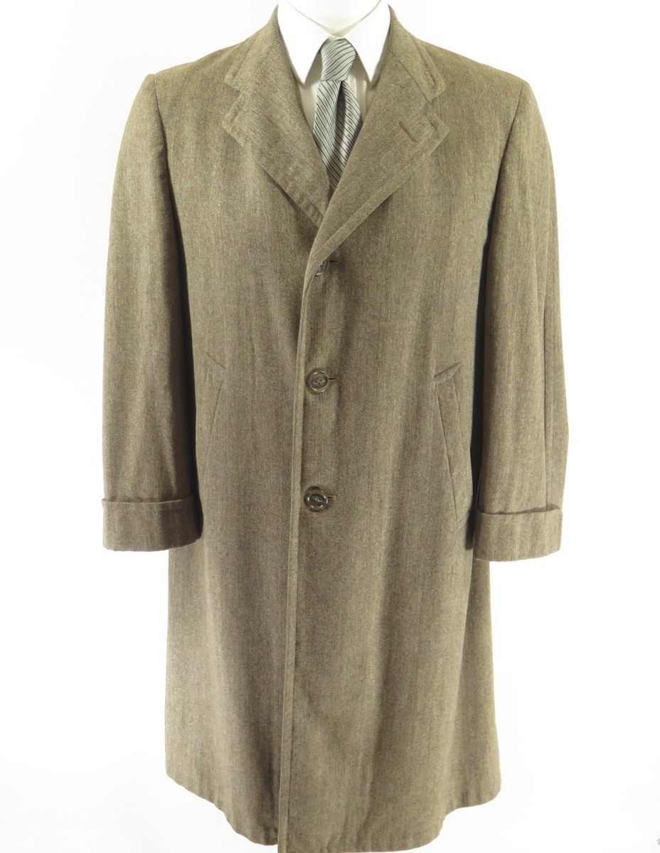 Vintage 50s Wool Overcoat Coat Medium Union Made Brown Classic Single 