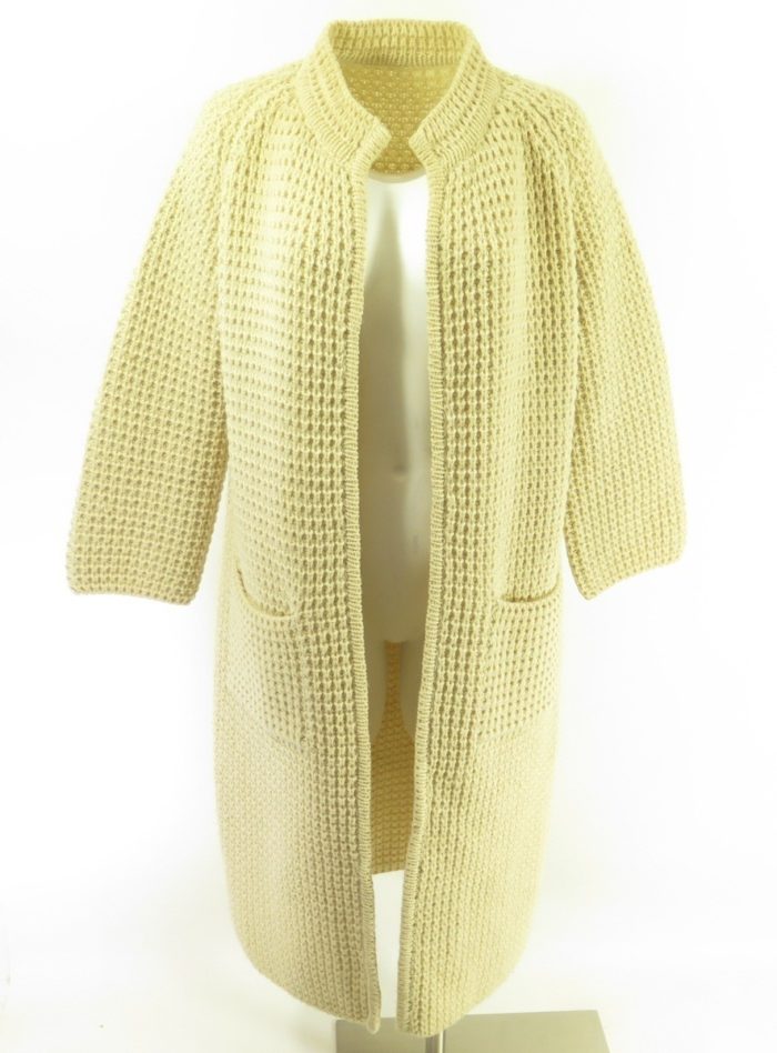 Vintage Hand Knit Long Coat Sweater Womens XL Irish Wool Champagne