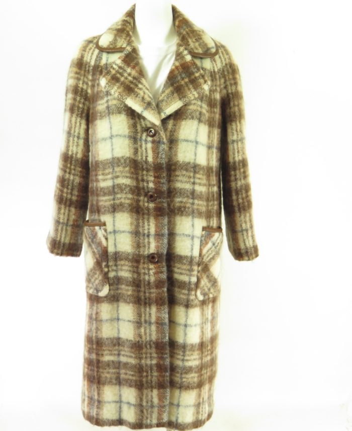 Vintage 70s Retro Overcoat Wool Coat Womens XLarge Brown Plaid