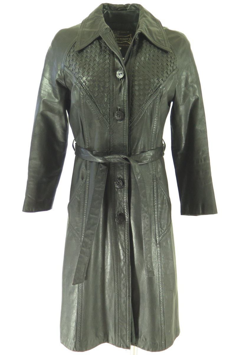 Vintage 70s Black Woven Leather Coat Overcoat Women 10 Medium Classic Big  Collar