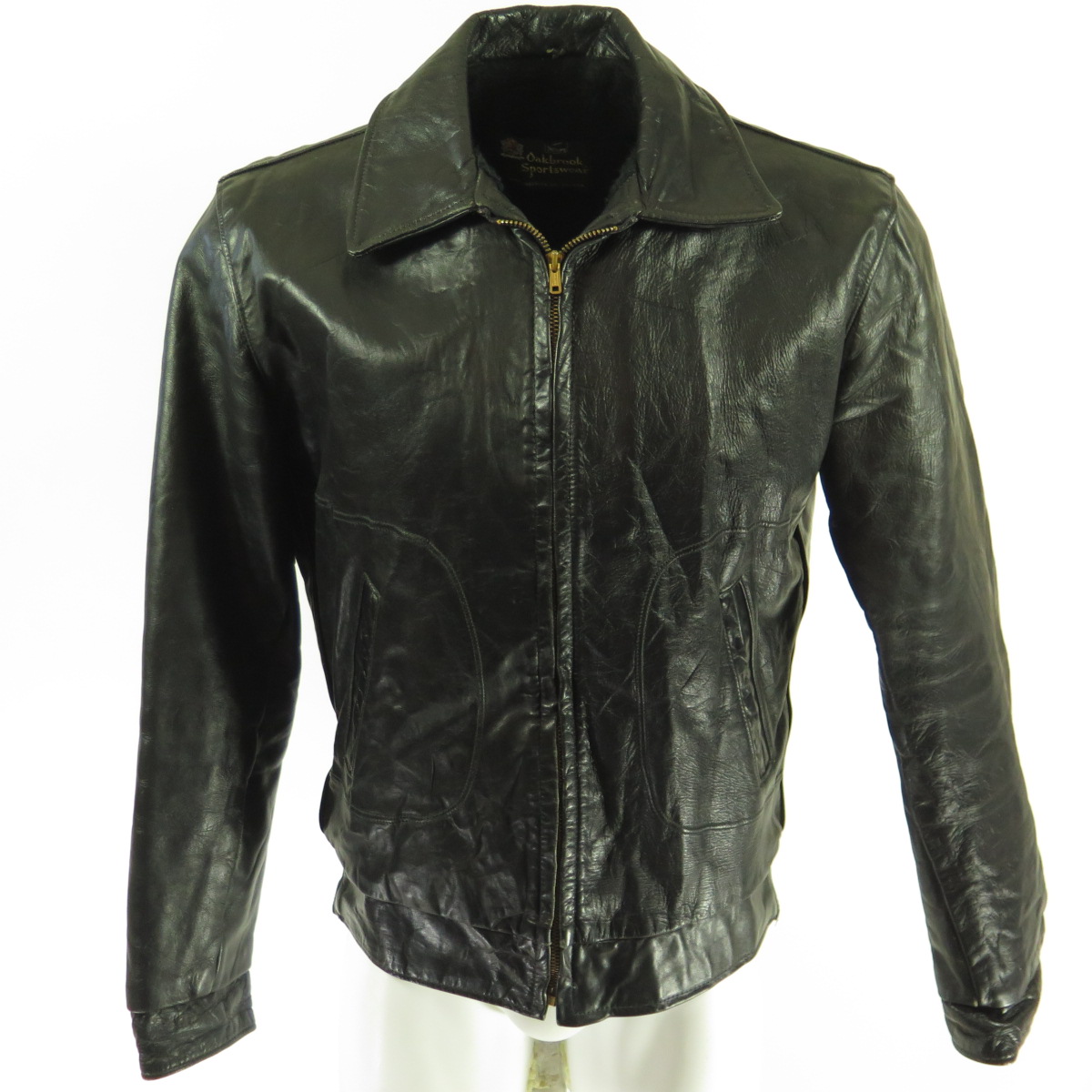 Vintage 60s Oakbrook Leather Jacket Medium Black Talon Biker Classic Fitted