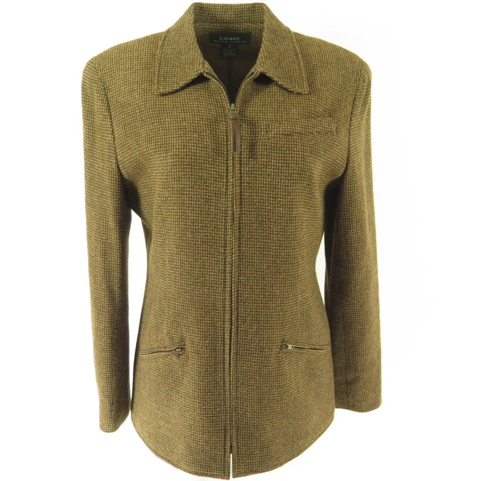 Vintage 90s Ralph Lauren Wool Jacket Womens 8 Tweed Brown Zip Front