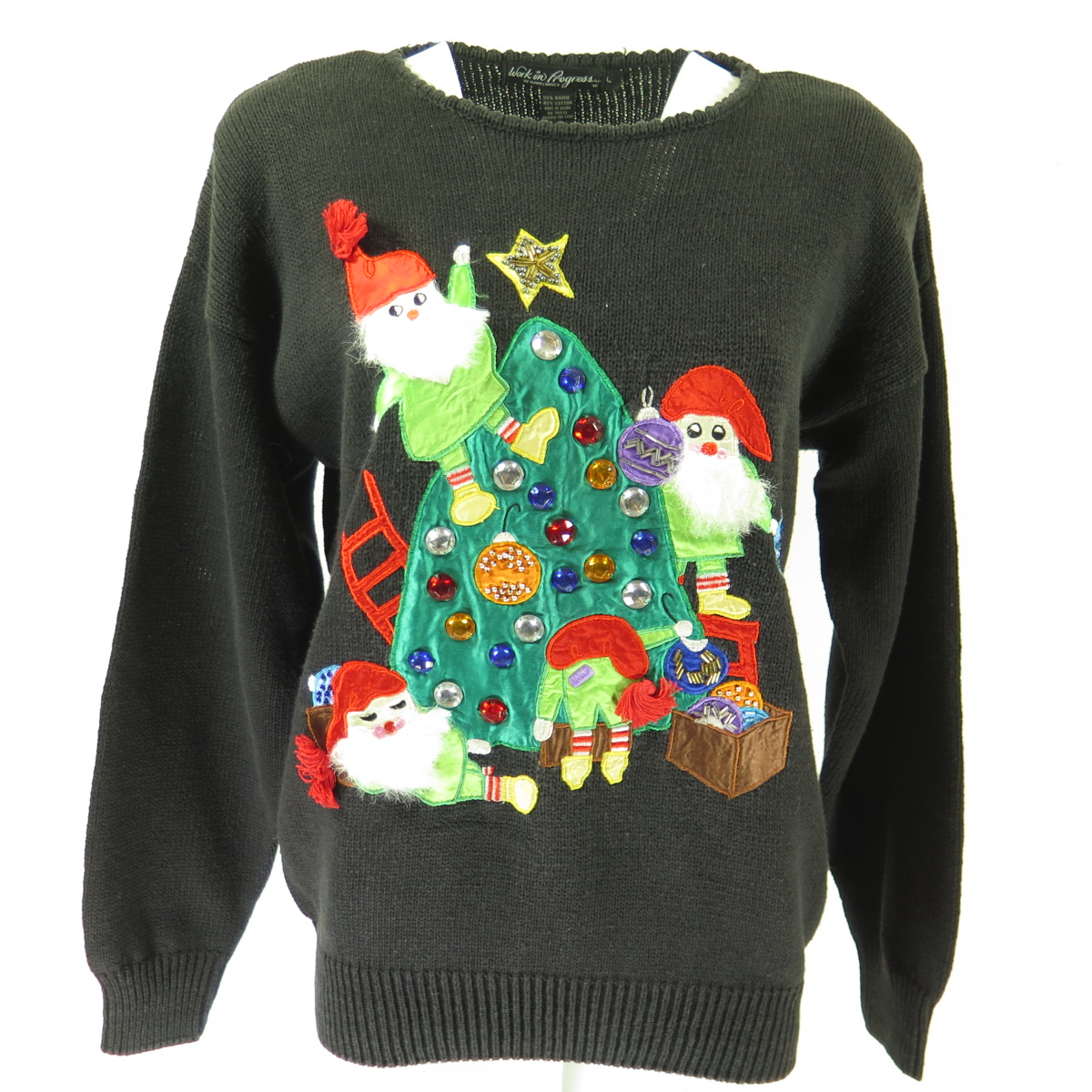 Vintage Ugly Christmas Sweater Large Furry Elves Ugly Rhinestone Tree ...